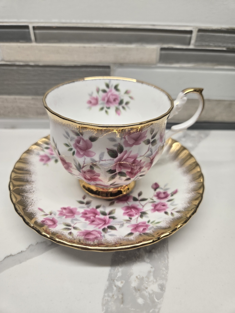 Vintage Rosina Bone China Teacup & Saucer Set – Pink Rose & Gold Chintz
